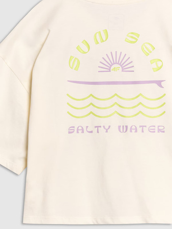 T-shirt oversize crop top z nadrukiem dziewczęcy 4F 4FJWSS25TTSHF1868-11S