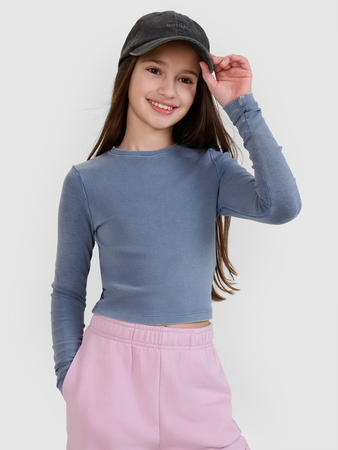 Longsleeve slim crop top gładki dziewczęcy 4F 4FJWSS25TLONF430-32S